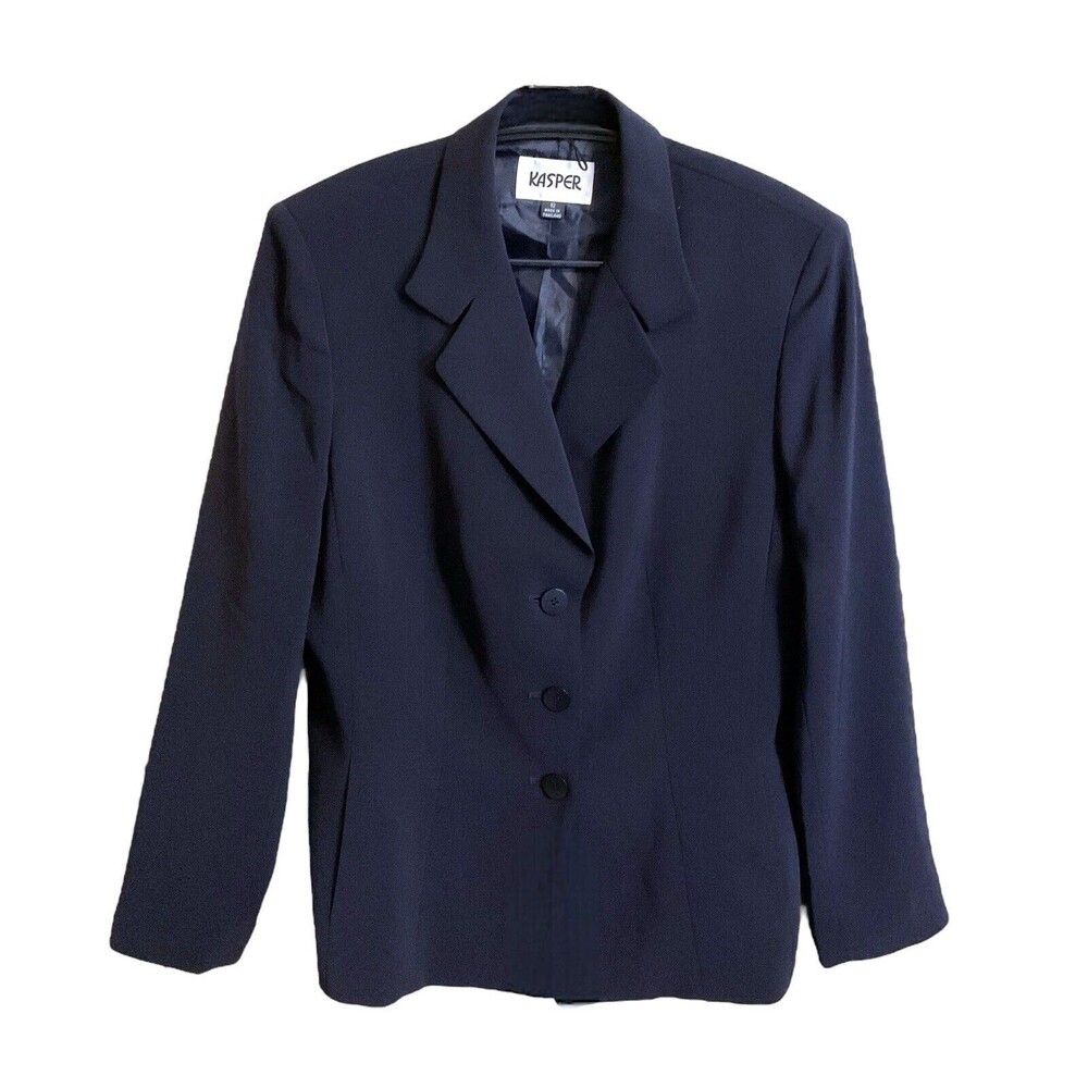 Kasper‎ Women's 3 Button Blazer Size 10 Navy Notched Collar Pocket Work Career